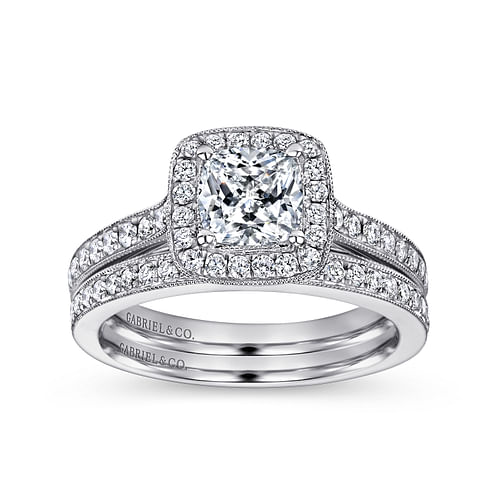 Vintage Inspired Platinum Cushion Halo Diamond Engagement Ring