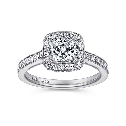 Vintage Inspired Platinum Cushion Halo Diamond Engagement Ring