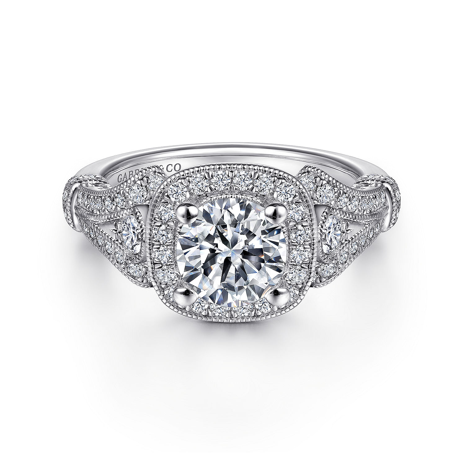 Gabriel - Vintage Inspired Platinum Cushion Halo Round Diamond Engagement Ring