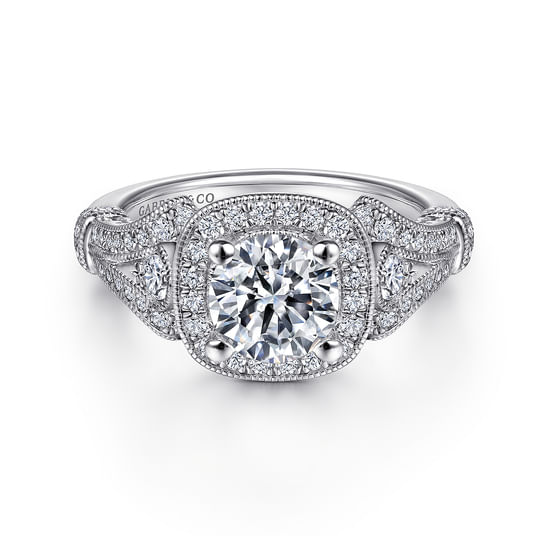 Gabriel - Vintage Inspired Platinum Cushion Halo Round Diamond Engagement Ring