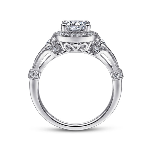Vintage Inspired Platinum Cushion Halo Round Diamond Engagement Ring