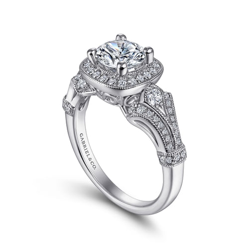 Vintage Inspired Platinum Cushion Halo Round Diamond Engagement Ring