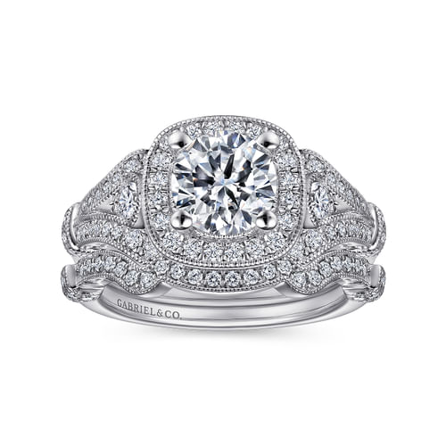Vintage Inspired Platinum Cushion Halo Round Diamond Engagement Ring