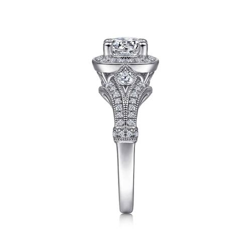 Vintage Inspired Platinum Cushion Halo Round Diamond Engagement Ring