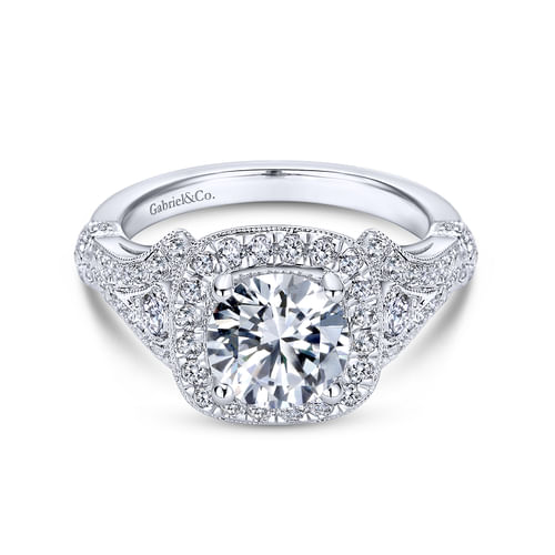 Vintage Inspired Platinum Cushion Halo Round Diamond Engagement Ring