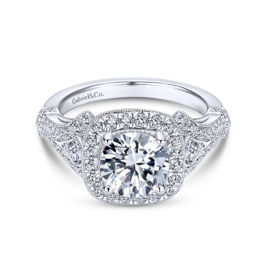 Gabriel - Vintage Inspired Platinum Cushion Halo Round Diamond Engagement Ring