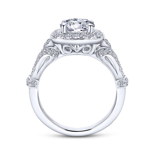 Vintage Inspired Platinum Cushion Halo Round Diamond Engagement Ring