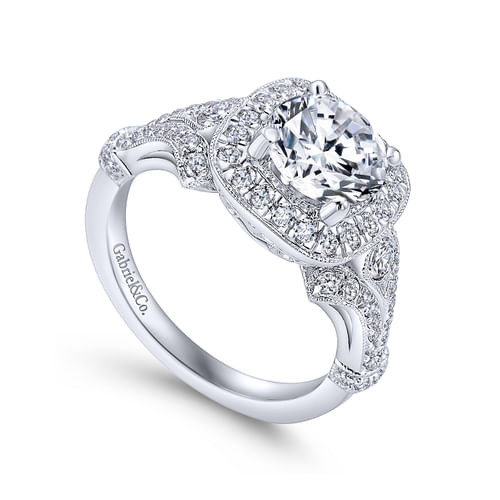 Vintage Inspired Platinum Cushion Halo Round Diamond Engagement Ring