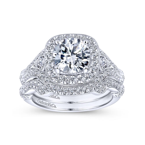Vintage Inspired Platinum Cushion Halo Round Diamond Engagement Ring