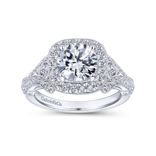 Vintage Inspired Platinum Cushion Halo Round Diamond Engagement Ring