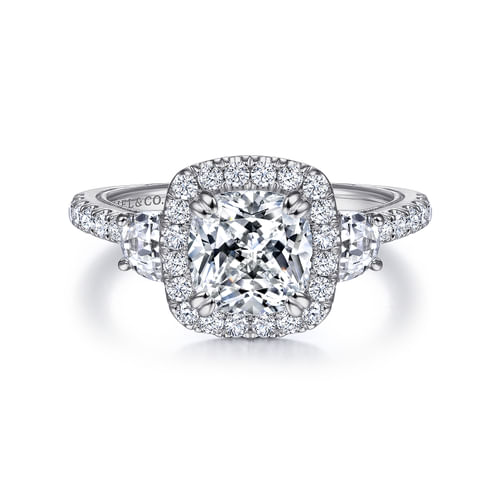 Vintage Inspired Platinum Cushion Three Stone Halo Diamond Engagement Ring