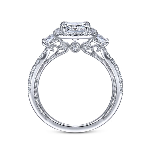 Vintage Inspired Platinum Cushion Three Stone Halo Diamond Engagement Ring