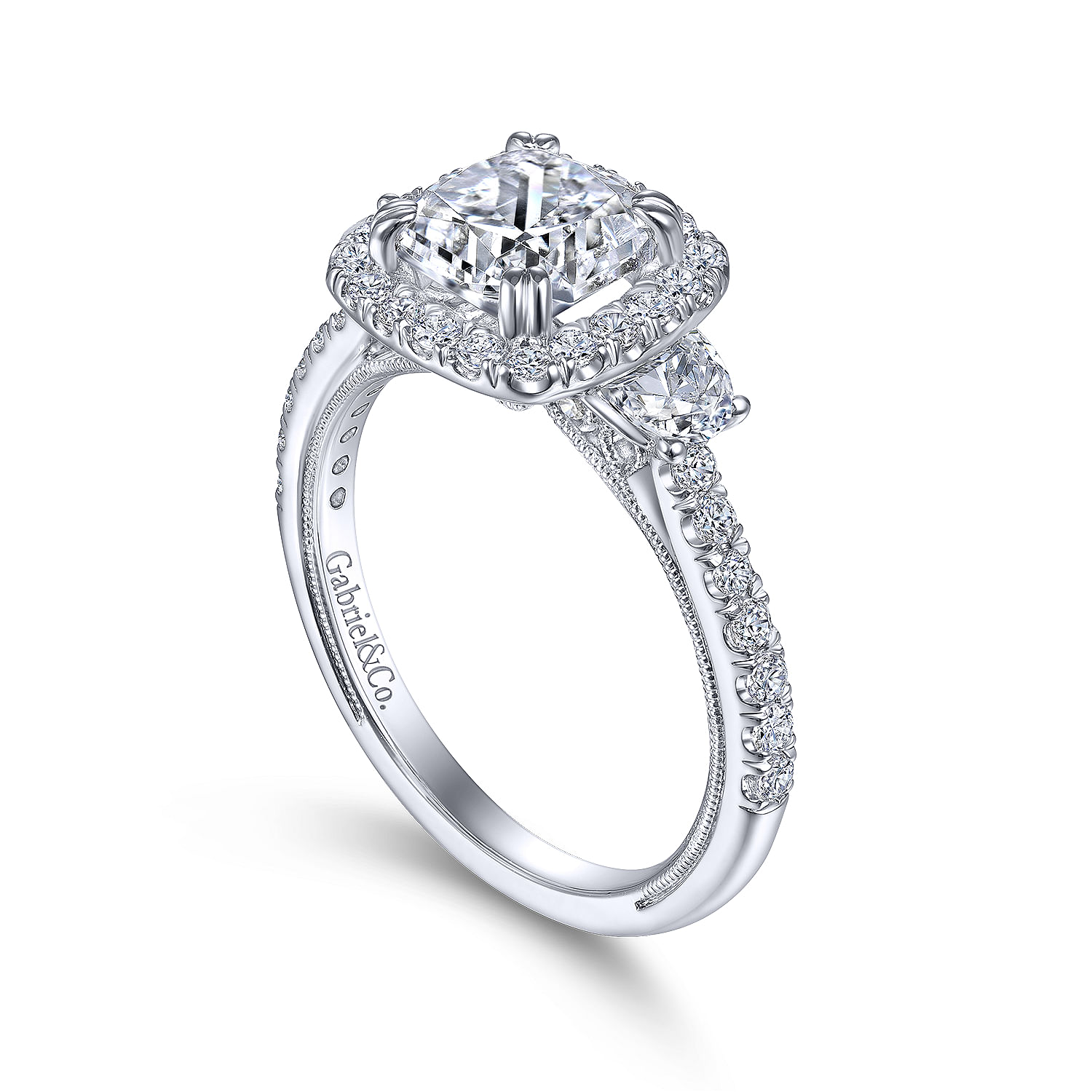 Vintage Inspired Platinum Cushion Three Stone Halo Diamond Engagement Ring