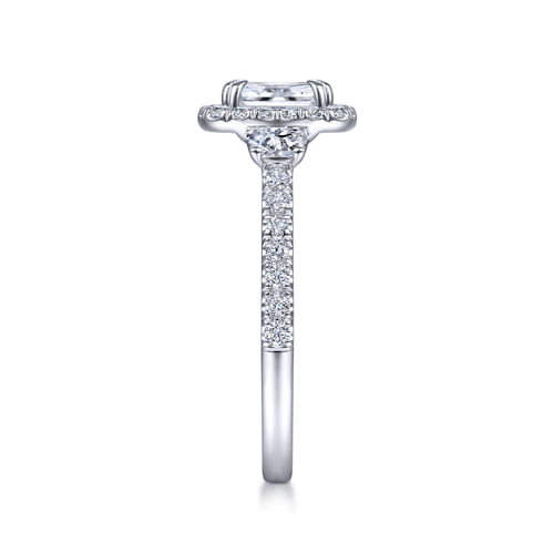 Vintage Inspired Platinum Cushion Three Stone Halo Diamond Engagement Ring