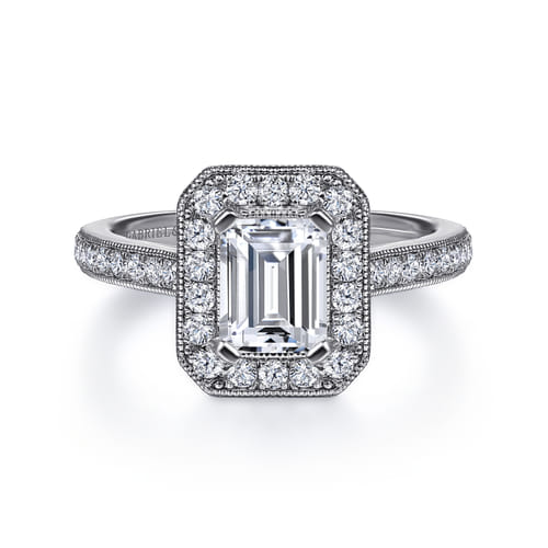 Vintage Inspired Platinum Emerald Halo Diamond Engagement Ring