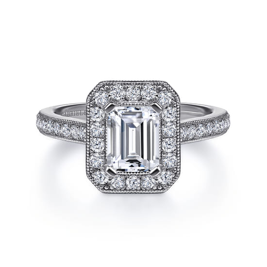 Gabriel - Vintage Inspired Platinum Emerald Halo Diamond Engagement Ring
