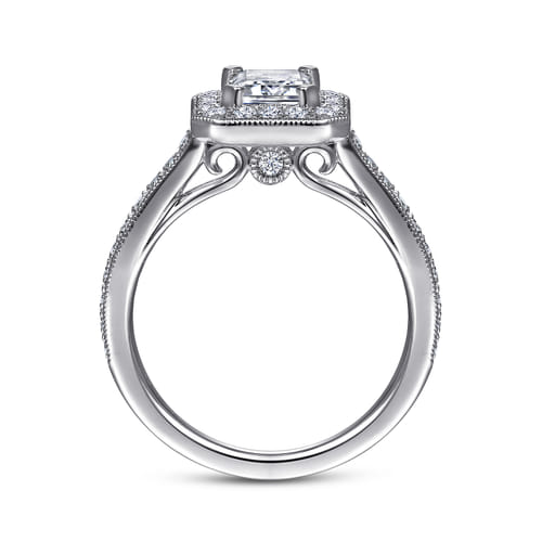 Vintage Inspired Platinum Emerald Halo Diamond Engagement Ring
