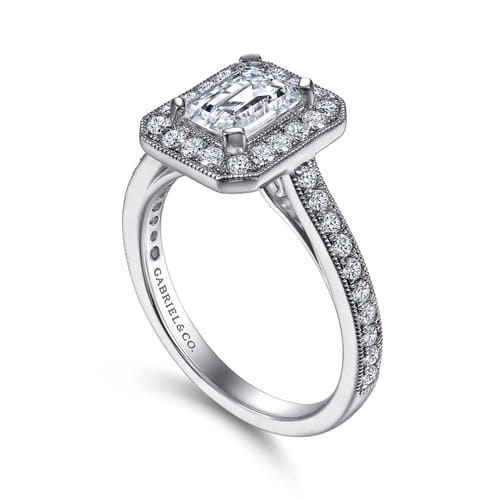 Vintage Inspired Platinum Emerald Halo Diamond Engagement Ring