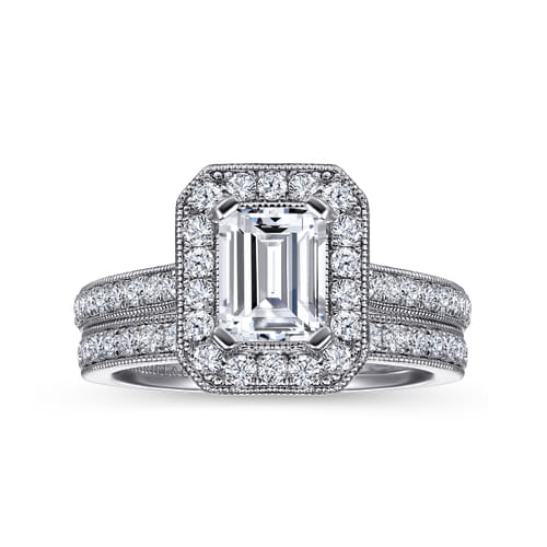 Vintage Inspired Platinum Emerald Halo Diamond Engagement Ring