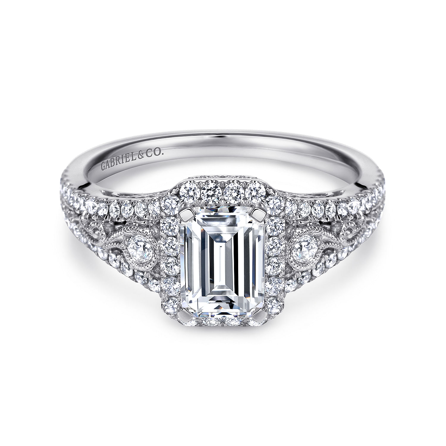 Gabriel - Vintage Inspired Platinum Emerald Halo Diamond Engagement Ring