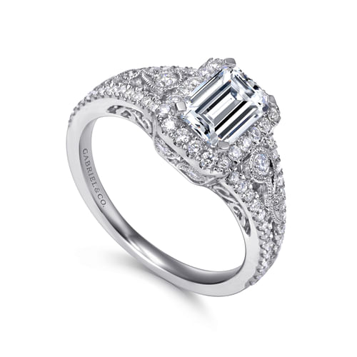 Vintage Inspired Platinum Emerald Halo Diamond Engagement Ring