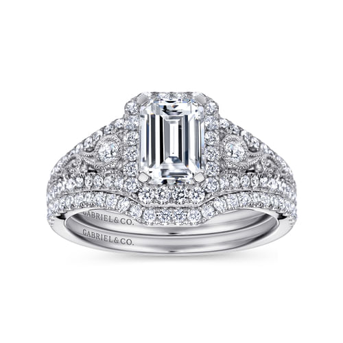 Vintage Inspired Platinum Emerald Halo Diamond Engagement Ring