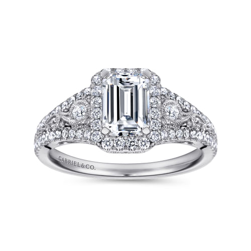 Vintage Inspired Platinum Emerald Halo Diamond Engagement Ring