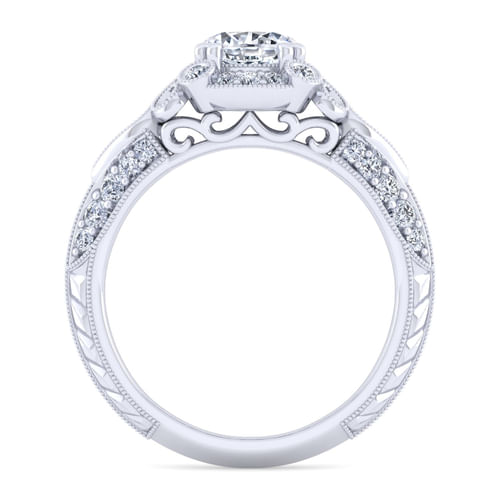 Vintage Inspired Platinum Fancy Halo Round Diamond Engagement Ring