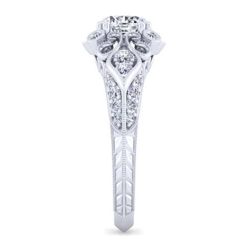 Vintage Inspired Platinum Fancy Halo Round Diamond Engagement Ring