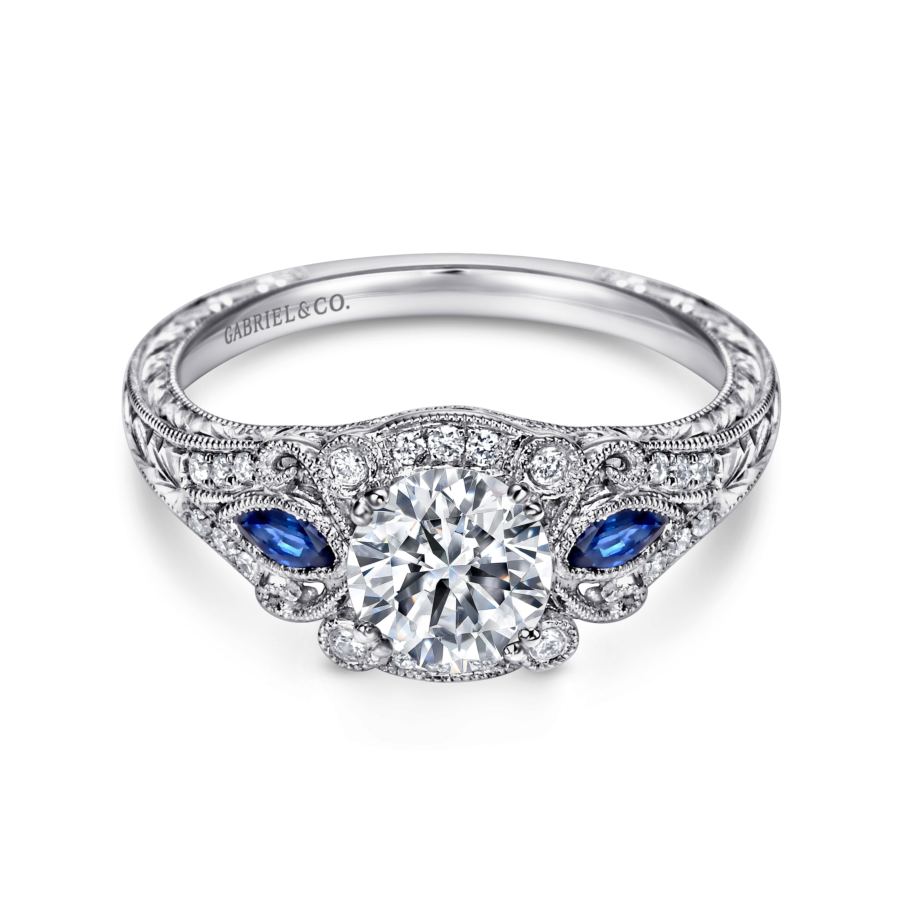 Gabriel - Vintage Inspired Platinum Fancy Three Stone Halo Round Sapphire and Diamond Engagement Ring