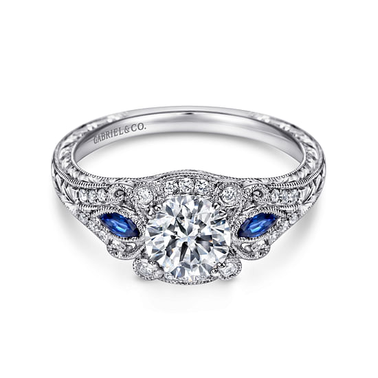 Gabriel - Vintage Inspired Platinum Fancy Three Stone Halo Round Sapphire and Diamond Engagement Ring