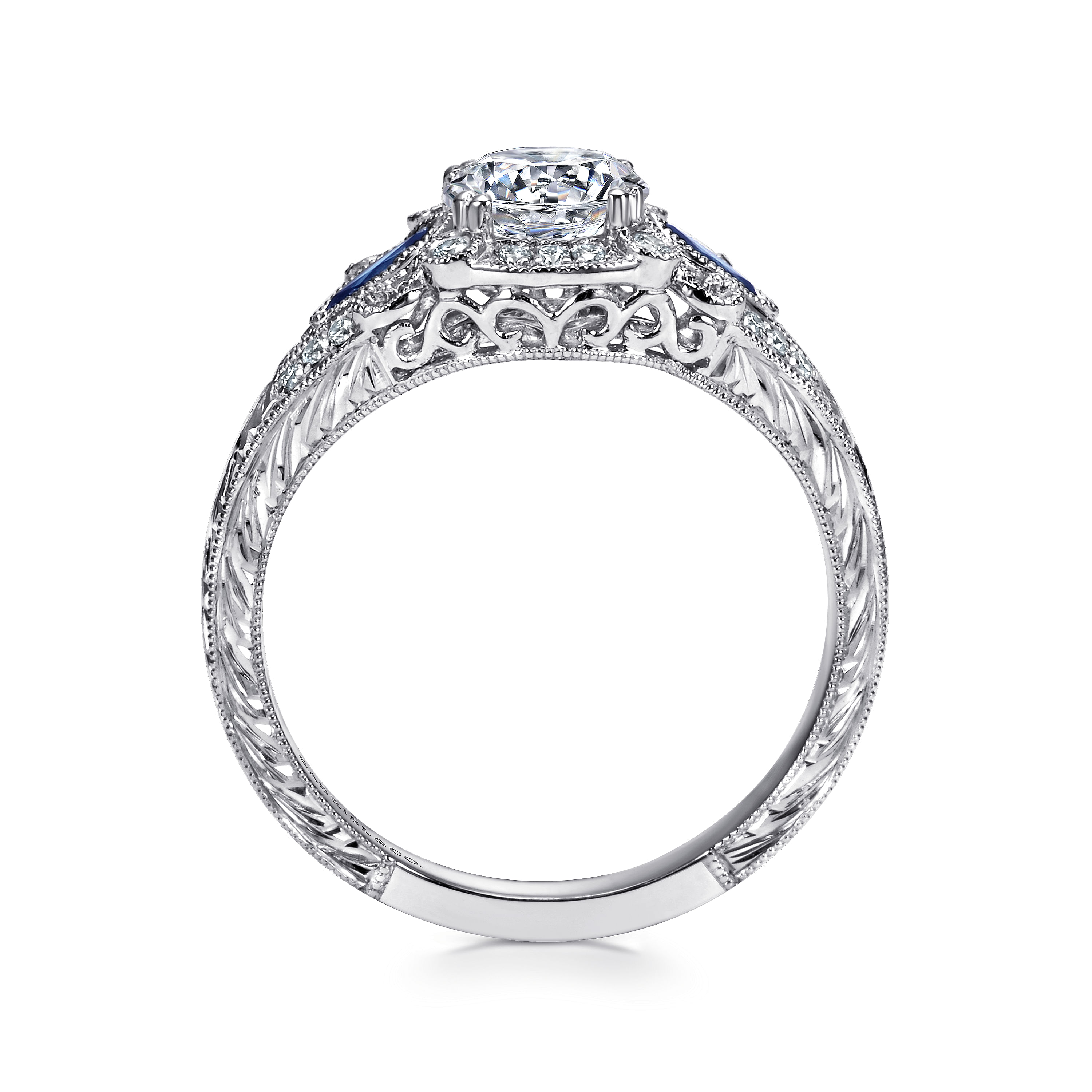 Vintage Inspired Platinum Fancy Three Stone Halo Round Sapphire and Diamond Engagement Ring