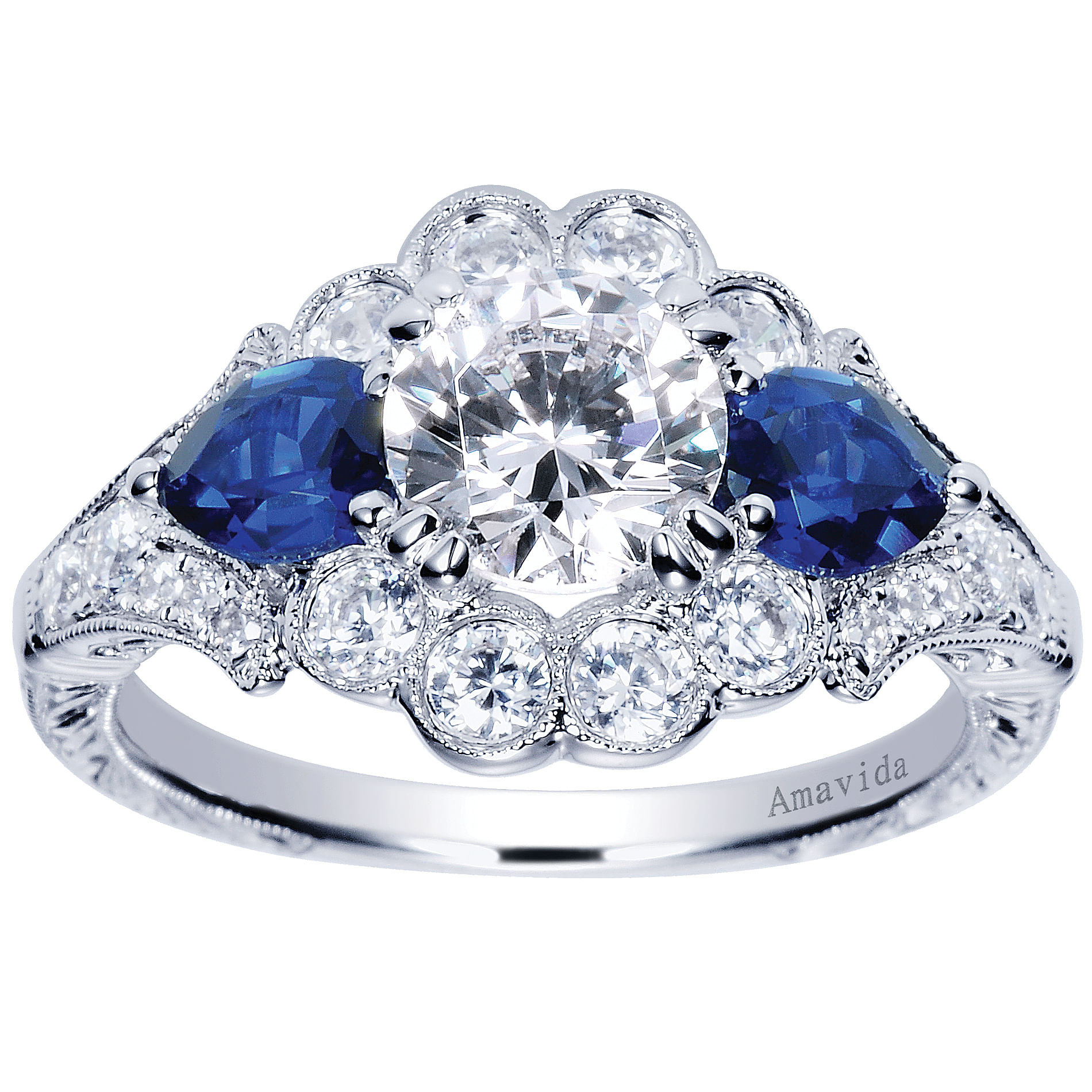 Vintage Inspired Platinum Fancy Three Stone Halo Round Sapphire and Diamond Engagement Ring