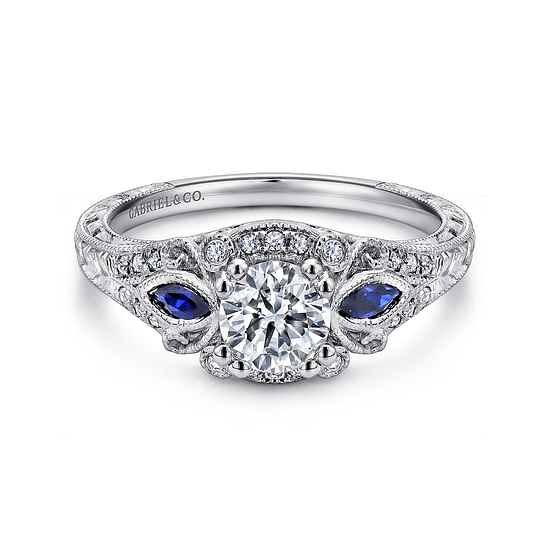 Gabriel - Vintage Inspired Platinum Fancy Three Stone Halo Round Sapphire and Diamond Engagement Ring