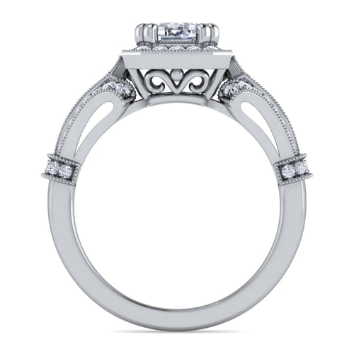 Vintage Inspired Platinum Halo Emerald Cut Diamond Engagement Ring