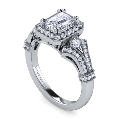 Vintage Inspired Platinum Halo Emerald Cut Diamond Engagement Ring