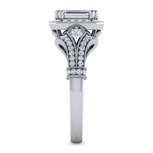 Vintage Inspired Platinum Halo Emerald Cut Diamond Engagement Ring