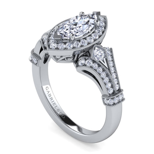 Vintage Inspired Platinum Marquise Halo Diamond Engagement Ring