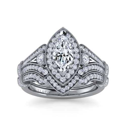 Vintage Inspired Platinum Marquise Halo Diamond Engagement Ring