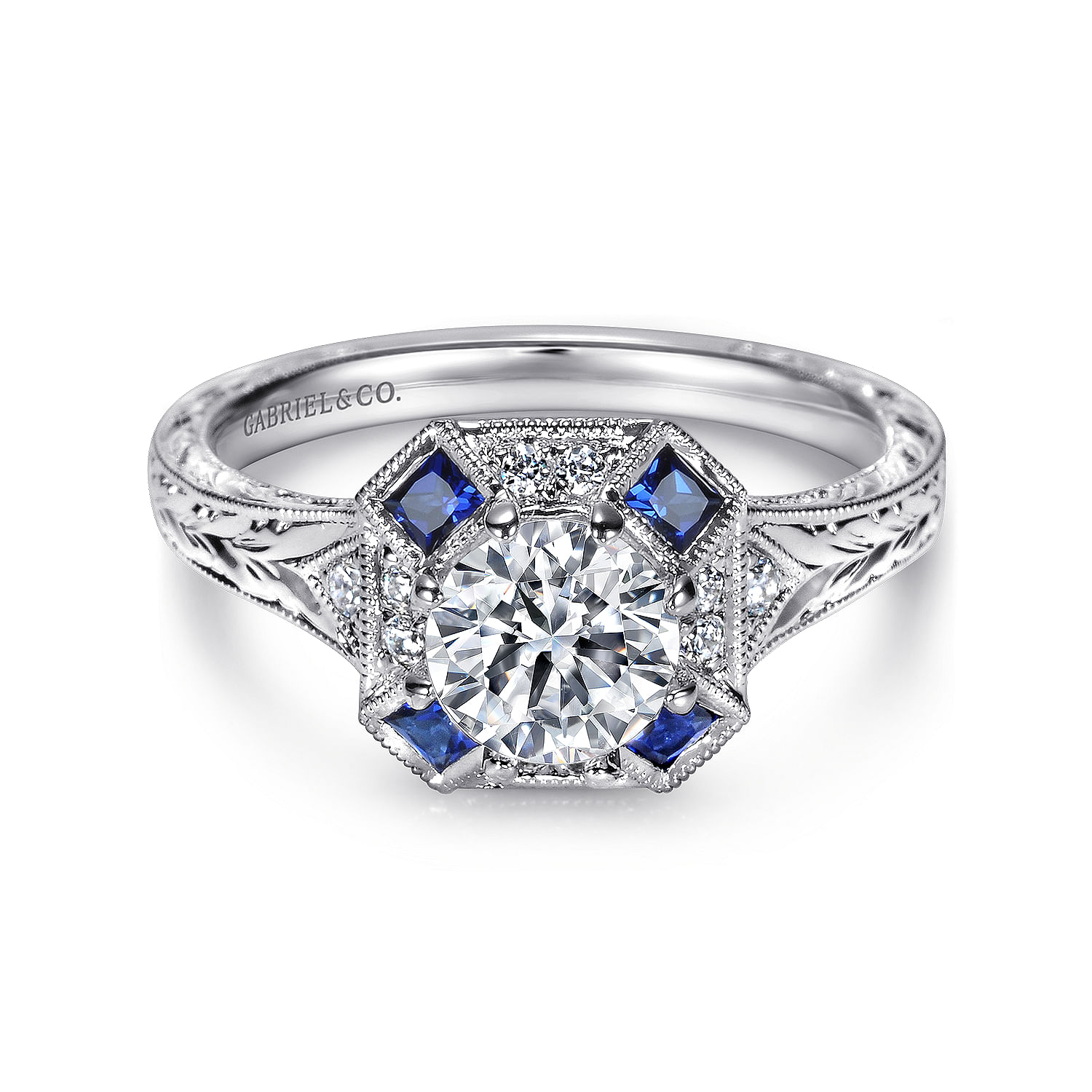Gabriel - Vintage Inspired Platinum Octagonal Halo Round Sapphire and Diamond Engagement Ring