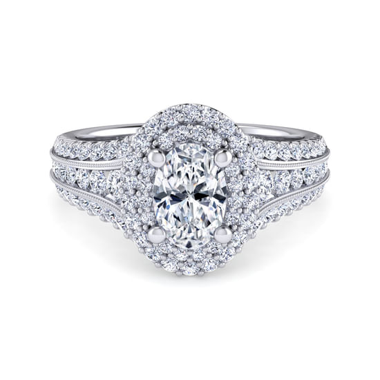 Gabriel - Vintage Inspired Platinum Oval Double Halo Diamond Channel Set Engagement Ring