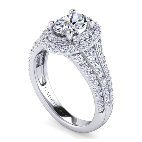 Vintage Inspired Platinum Oval Double Halo Diamond Channel Set Engagement Ring
