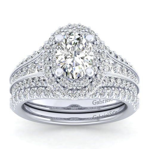 Vintage Inspired Platinum Oval Double Halo Diamond Channel Set Engagement Ring
