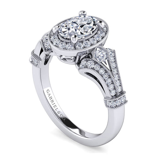 Vintage Inspired Platinum Oval Halo Diamond Engagement Ring