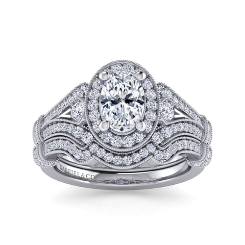 Vintage Inspired Platinum Oval Halo Diamond Engagement Ring