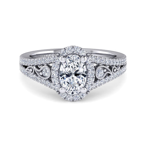 Vintage Inspired Platinum Oval Halo Diamond Engagement Ring