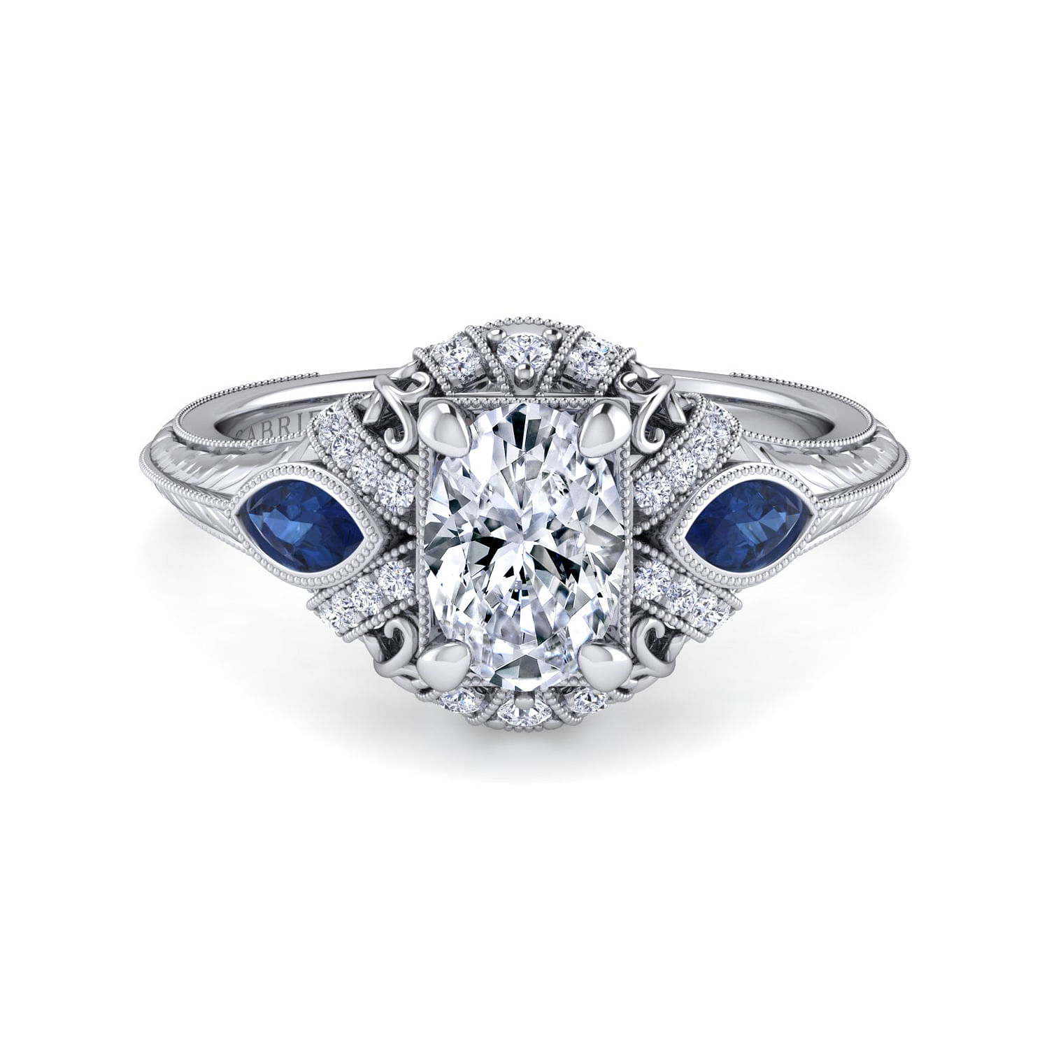 Gabriel - Vintage Inspired Platinum Oval Three Stone Halo Sapphire and Diamond Engagement Ring