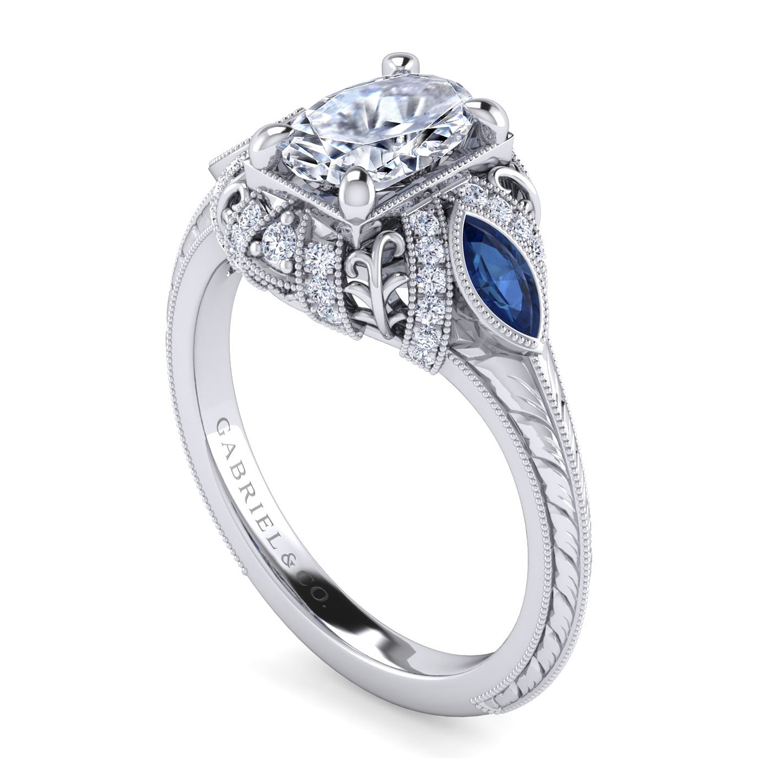 Vintage Inspired Platinum Oval Three Stone Halo Sapphire and Diamond Engagement Ring
