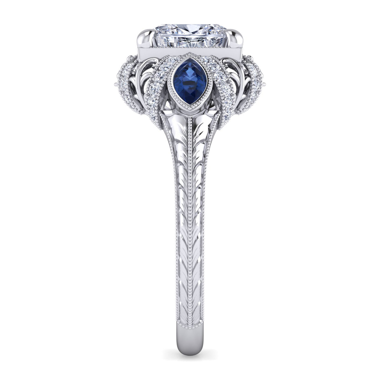 Vintage Inspired Platinum Oval Three Stone Halo Sapphire and Diamond Engagement Ring