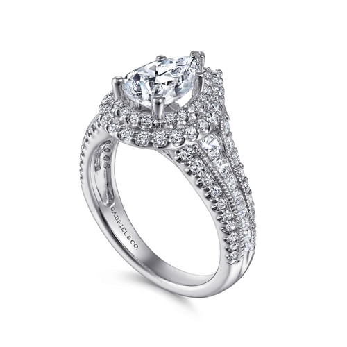 Vintage Inspired Platinum Pear Shape Double Halo Diamond Channel Set Engagement Ring